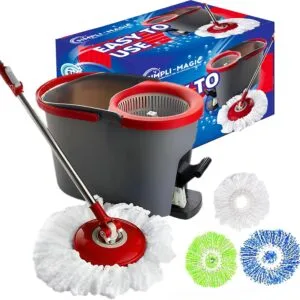 Home spin mop cleaning system with 3 microfiber mop heads red/black